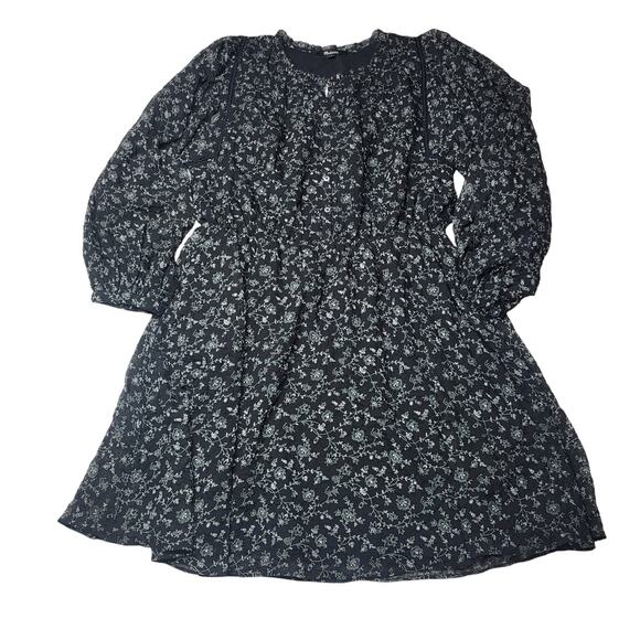 Madewell Ruffle Neck Button Front Mini Dress Dotted Vines Black Floral Medium - Picture 3 of 10